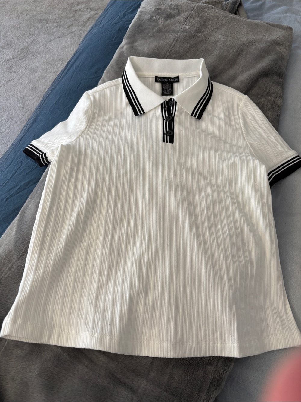 Robertson & Rodeo Ribbed Polo Top in Ivory with Black Trim
